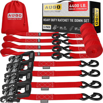 AUGO Ratchet Straps Heavy Duty 4 Pack -15 FT - 2200 LB Break Strength – with Safety Lock S Hooks - Cargo Straps for Moving, Appliances, Motorcycle – Soft Loop Tie Down Straps