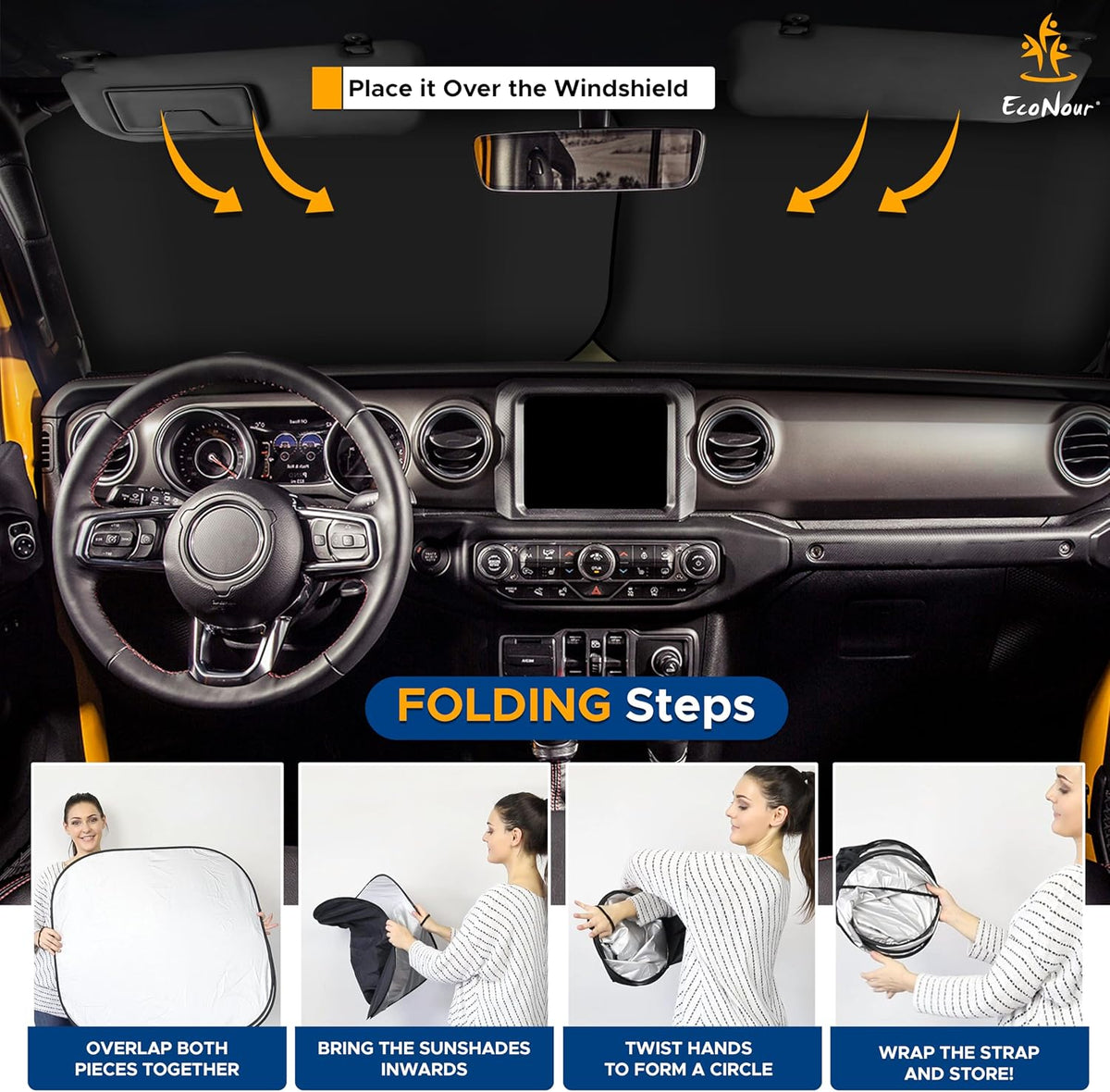 EcoNour 2 Piece Foldable Car Windshield Sun Shade – UV & Heat Protection, Interior Cooling, Durable Upgraded Design, Easy Fold, Front Window Sunshade - Medium (31" L x 28" W)