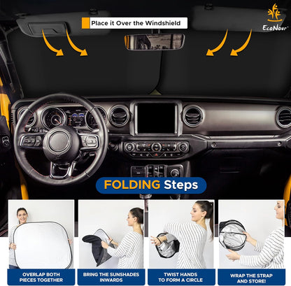 EcoNour 2 Piece Foldable Car Windshield Sun Shade – UV & Heat Protection, Interior Cooling, Durable Upgraded Design, Easy Fold, Front Window Sunshade - Medium (31" L x 28" W)