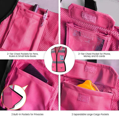 Reflective Vest for Women, Mesh Womens Safety Vest with 11 Pockets and Zipper, Hi Vis Neon Construction Work Vest for Lady Surveyors/Workers, Snugly-Fitted, ANSI Compliant (U-Yellow, S)