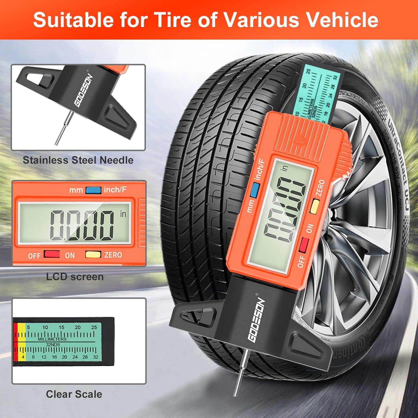GODESON Tire Tread Depth Gauge, Digital Tire Tread Depth Gauge with 3 Modes-Fractional Inch, Decimal Inch and Millimeter, Tire Depth Gauge for Motorcycles, Cars, SUV, Easy to Read Tread Depth Gauge
