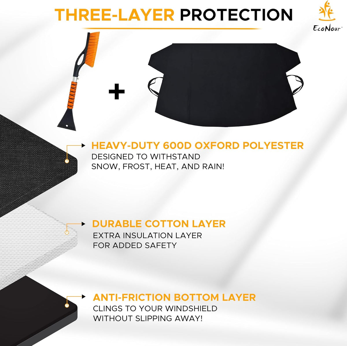 EcoNour Windshield Cover for Ice and Snow - Universal Fit for Car, SUV, Truck, Heavy Duty 600D Oxford Fabric Frost Protector for Ice & Sleet, Includes Anti-Theft Straps, Medium (69"x42")
