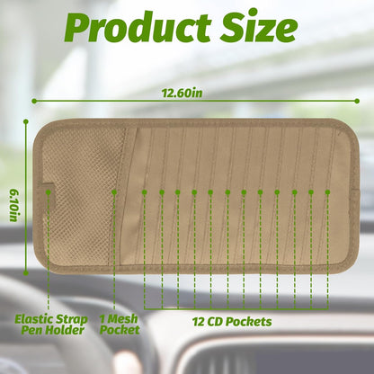 CD Visor Holder for Car, Large Capacity CD & DVD Visor Case, Vehicle Visor Storage Organizer with 12 Disc Sleeves, 1 Mesh Pocket 1 Pen Holder and & Elastic Band (Black)