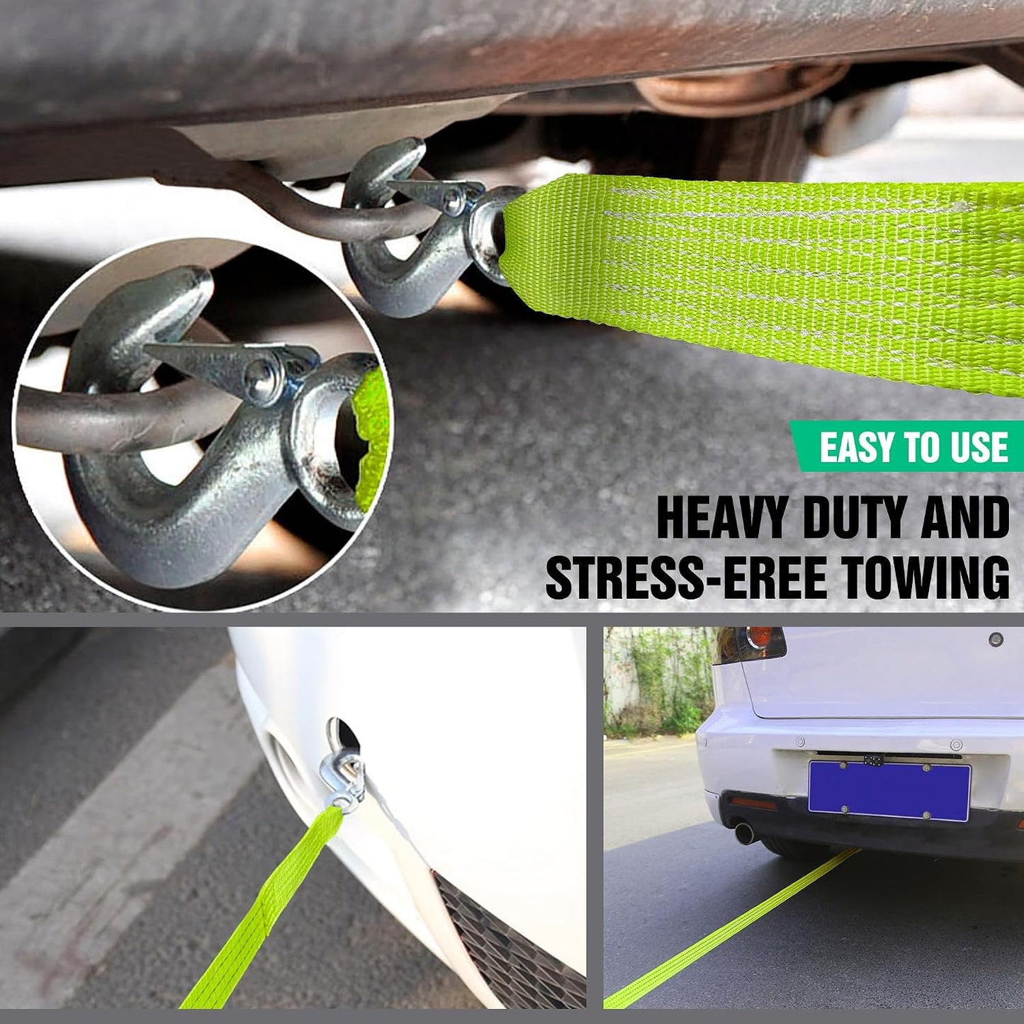 Tow Strap with Hooks 2”x20’ 15,000 LBS, Tow Rope Metal Safety Hooks, Car Heavy Duty Recovery Rope for Trailers, Securing Items, and Farm Cleaning