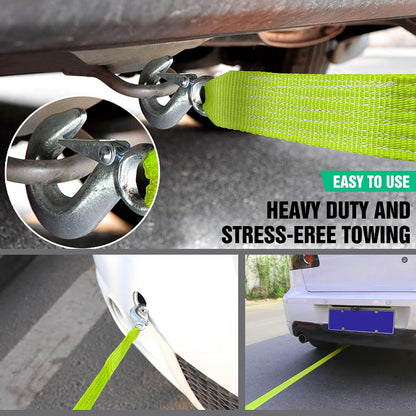 Tow Strap with Hooks 2”x20’ 15,000 LBS, Tow Rope Metal Safety Hooks, Car Heavy Duty Recovery Rope for Trailers, Securing Items, and Farm Cleaning