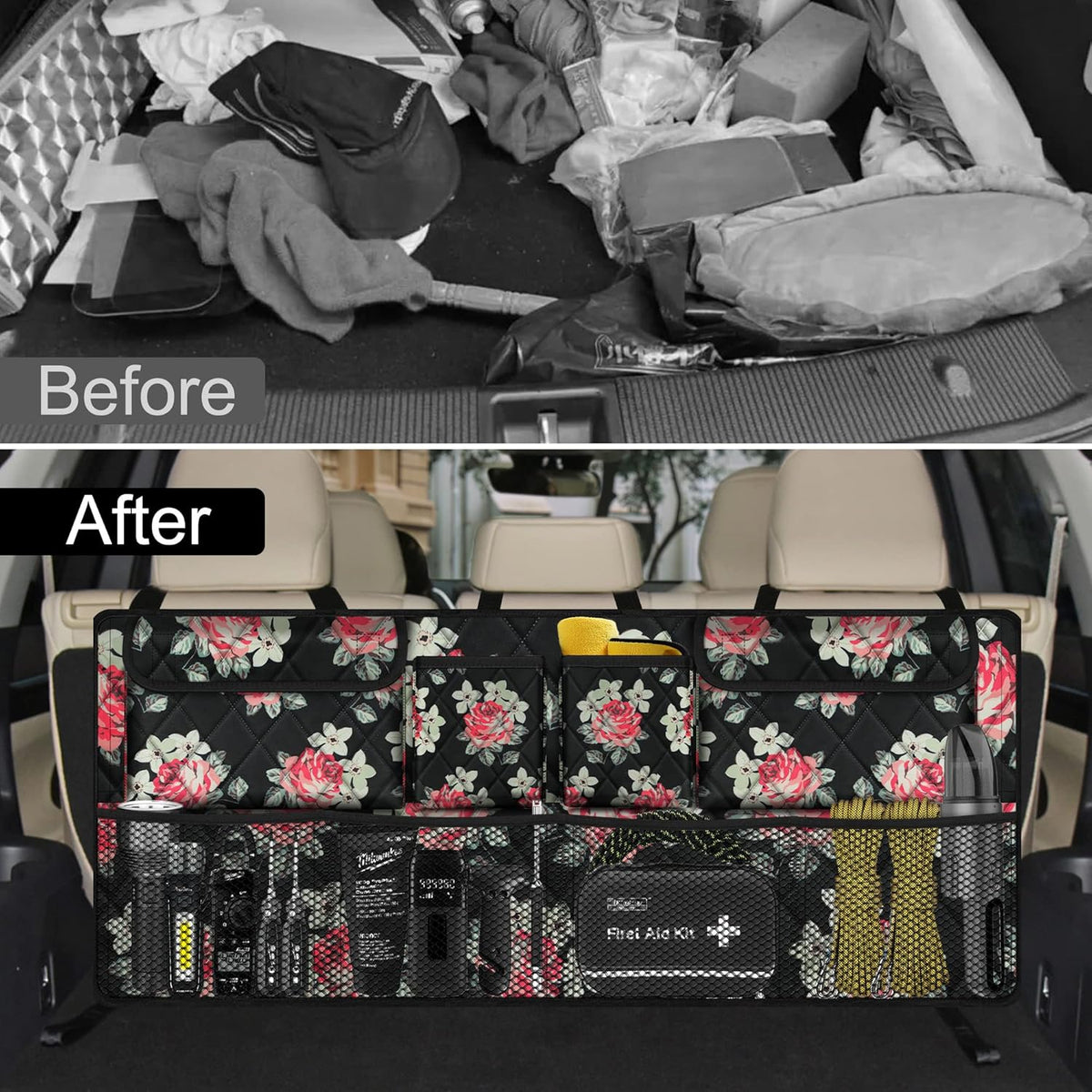 Femuar Car Trunk Organizer, Large Capacity Backseat Trunk Organizer (42"*18"), Collapsible Car Storage Bag with 8 Pockets, SUV/MPV/Truck - Black
