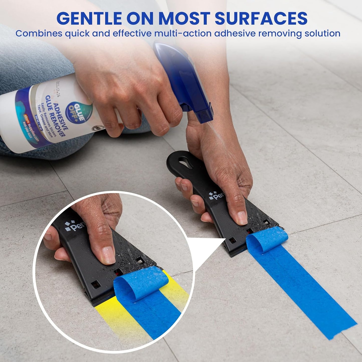 Perco Glue Off Adhesive Sticker Remover 3.3 fl. oz & Scraper with Plastic Razor for Removing Labels (Adhesive Sticker Remover & Scraper w/Plastic Razor)