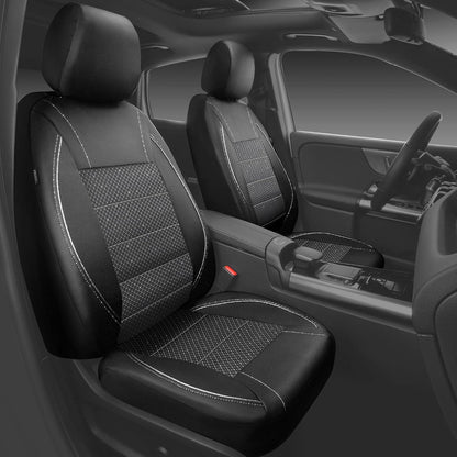CAR PASS Universal FIT Piping Leather Two Front Seat Covers, Waterproof Faux Leather for SUV Sedan Van Truck, Airbag Compatible,Reserved Opening Holes for Headrest Covers. (Black red)