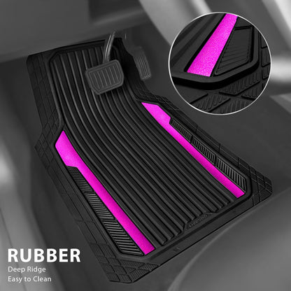 CAR PASS Heavy Duty Rubber Car Mats Metallic, Aluminum Film All Weather Floor Mats Waterproof Universal Trim to Fit Automotive SUV Sedan Van 4 Piece Anodized Deep Dish Two-Tone Sporty Black Red Chrome