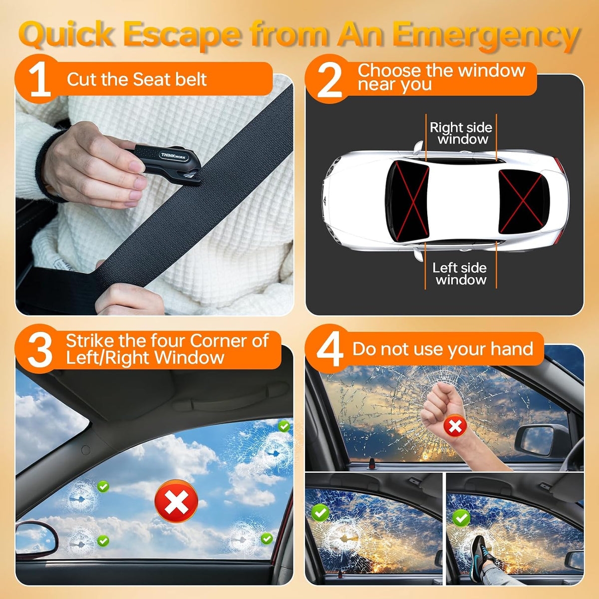 THINKWORK Car Safety Hammer, 3-in-1 Emergency Escape Tool with One Second Window Breaker and Seat Belt Cutter, Safety Emergency Car Escape Tool for Car, Office, Home, Black