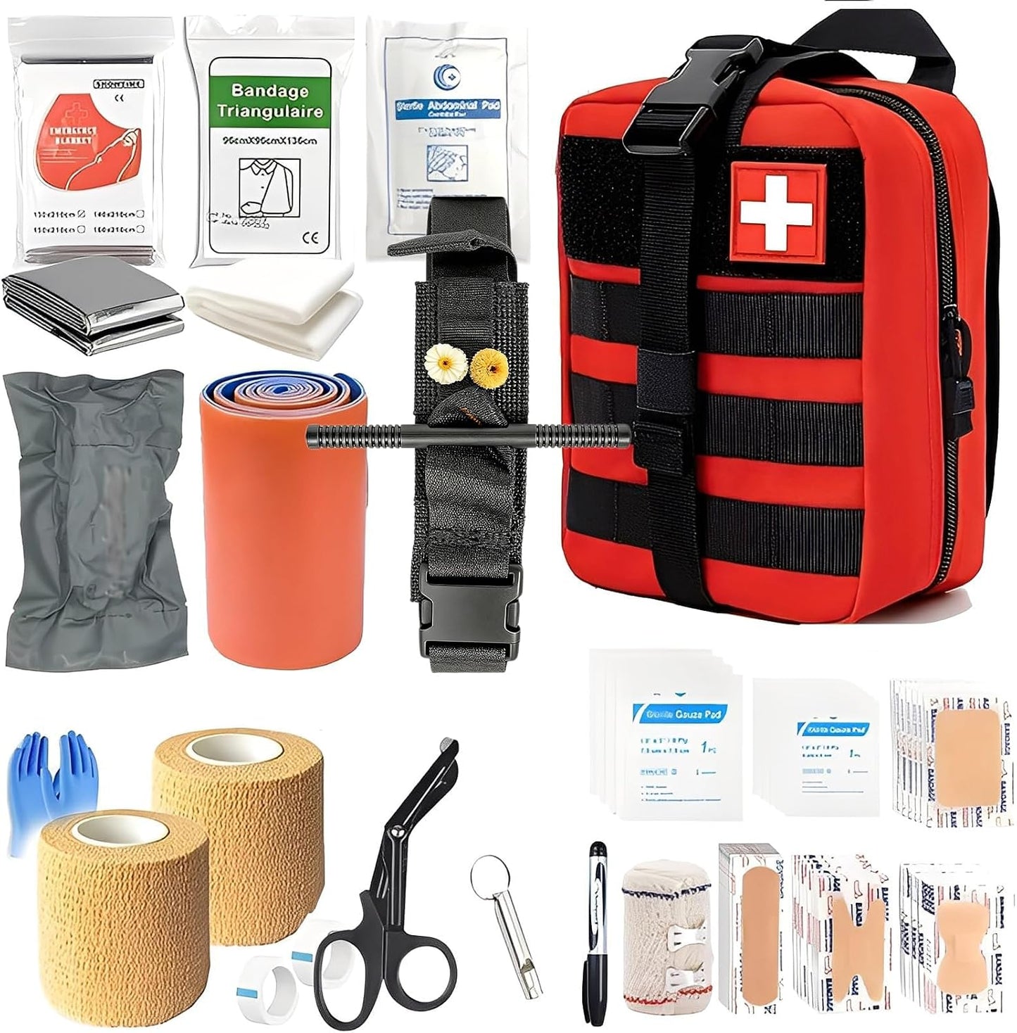 IFAK Trauma Kit with Emergency Compression Strap, 6-Inch Bandage, Splint, Outdoor First Aid Kit for Car, Camping, Hiking and Travel with Molle Bag