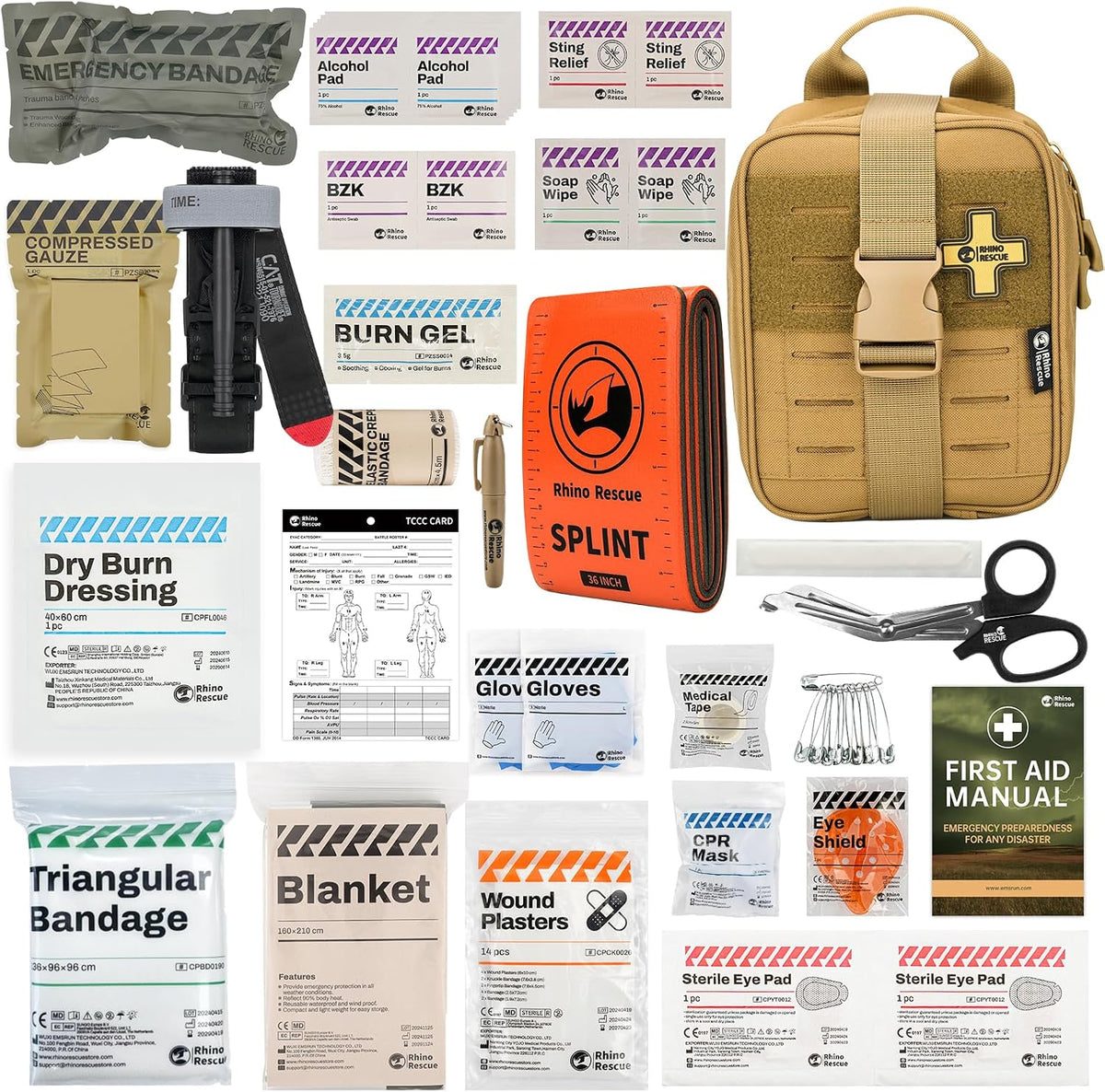 RHINO RESCUE IFAK Trauma Kit with C-A-T Tourniquet for Wound Care, Tactical First Aid Kit Molle Pouch for Military, Combat, Car, Camping, Hiking, Travel (Black)