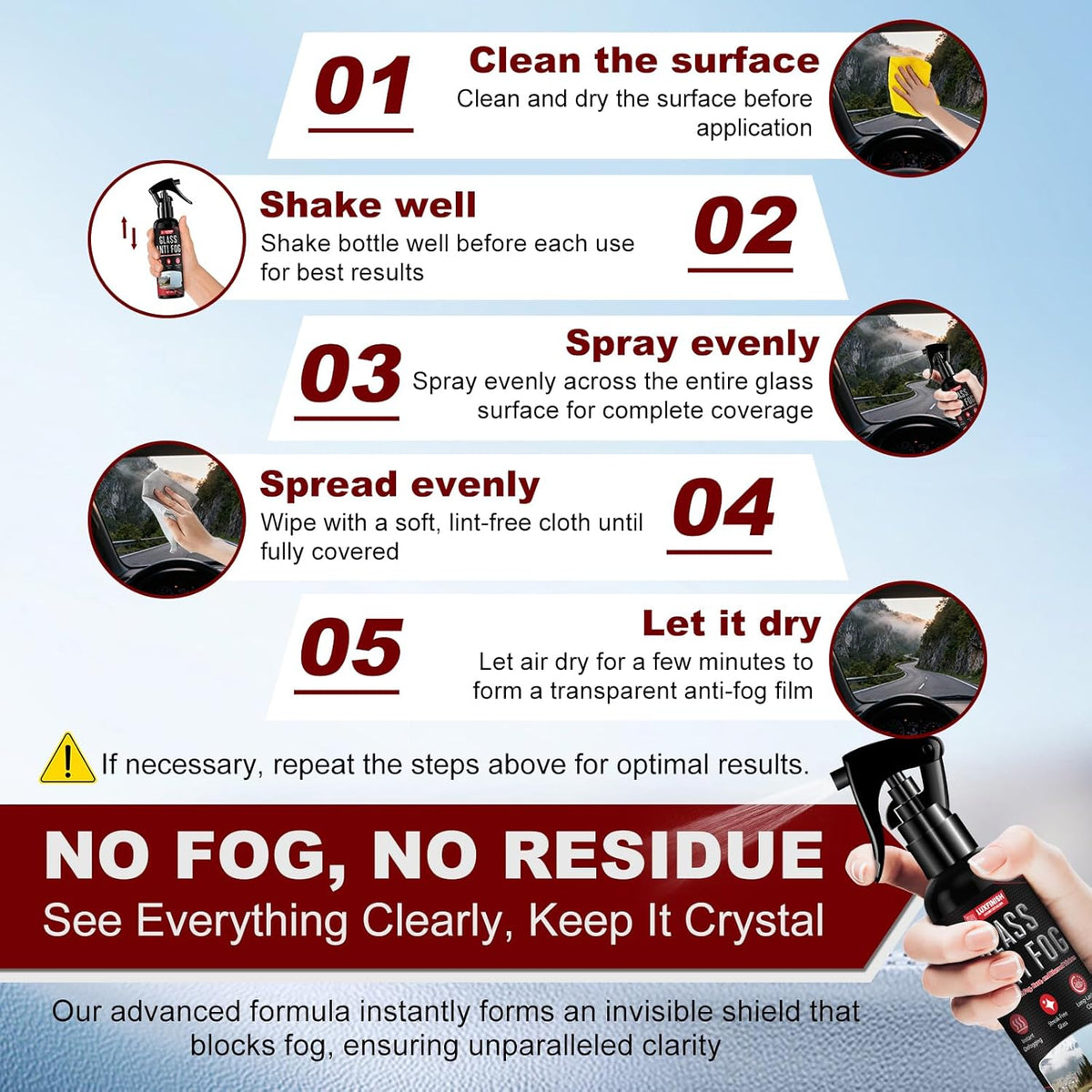Anti Fog Spray for Glass & Windshield Defogger – 24H Long Lasting Prevention for Car, Mirrors, Windows, Goggles, Shower Door – Streak-Free & Instant Clear with Microfiber Towel, 120ml/4oz