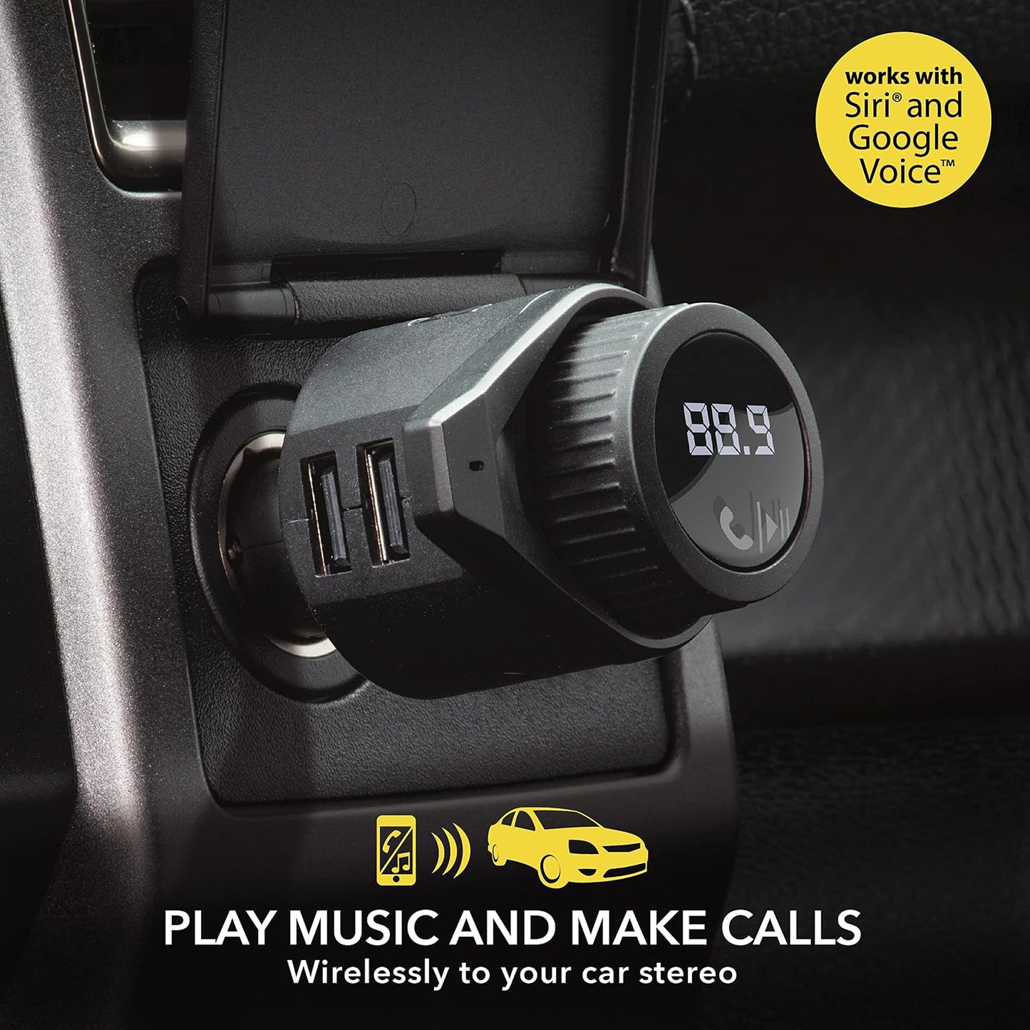 Scosche BTFM9 FM Bluetooth Transmitter Car, Dual 12W USB-C and USB-A Charging Ports, Fast Type C Car Charger, Wireless Radio Bluetooth Adapter, Hands-Free Kit for Calls, Siri and Google Assistant