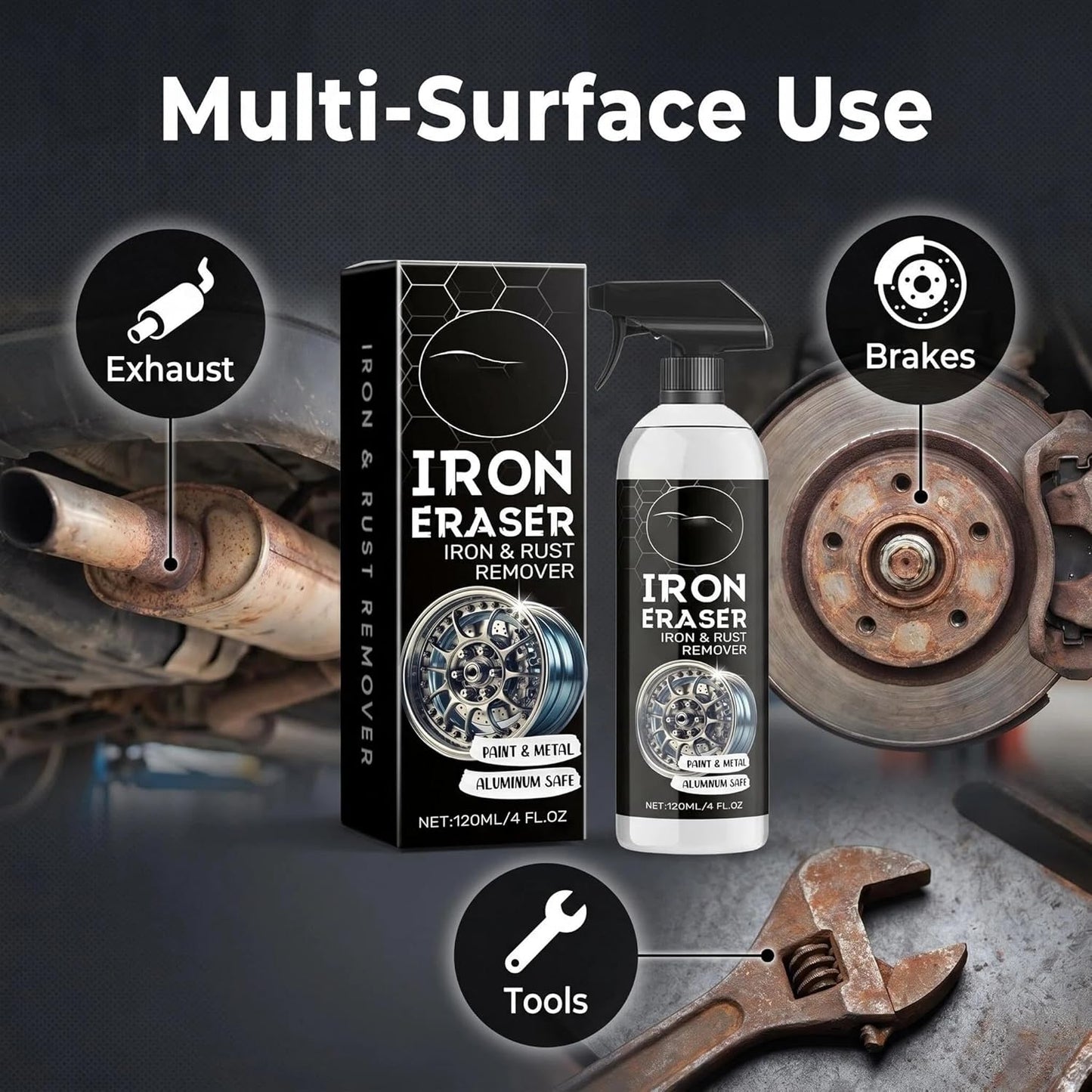 Iron Eraser Rust Remover Spray, Iron Eraser and Rust Remover for Car Wheels and Paint, Fast Acting Rust and Brake Dust Remover, Professional Automotive Surface Cleaning (1)