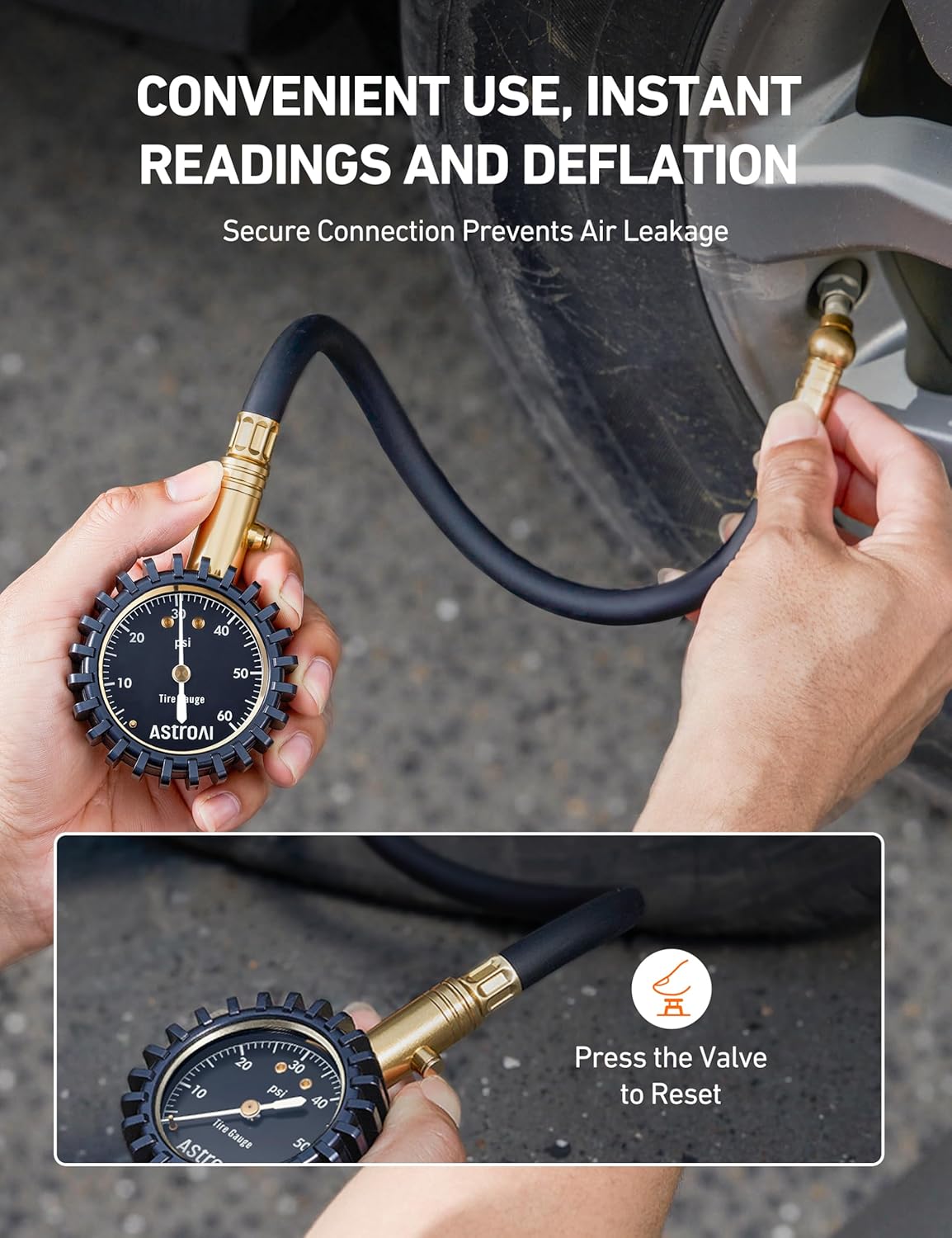 AstroAI Tire Pressure Gauge for Cars with Large 2" Dial, Solid Brass with Rubber Hose, Air Bleeder Valve, ANSI B40.1, 0-60PSI