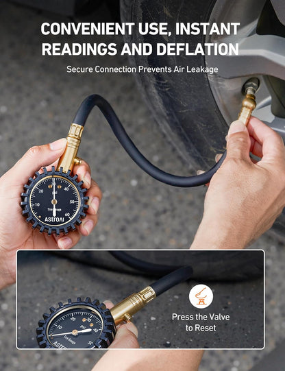 AstroAI Tire Pressure Gauge for Cars with Large 2" Dial, Solid Brass with Rubber Hose, Air Bleeder Valve, ANSI B40.1, 0-60PSI