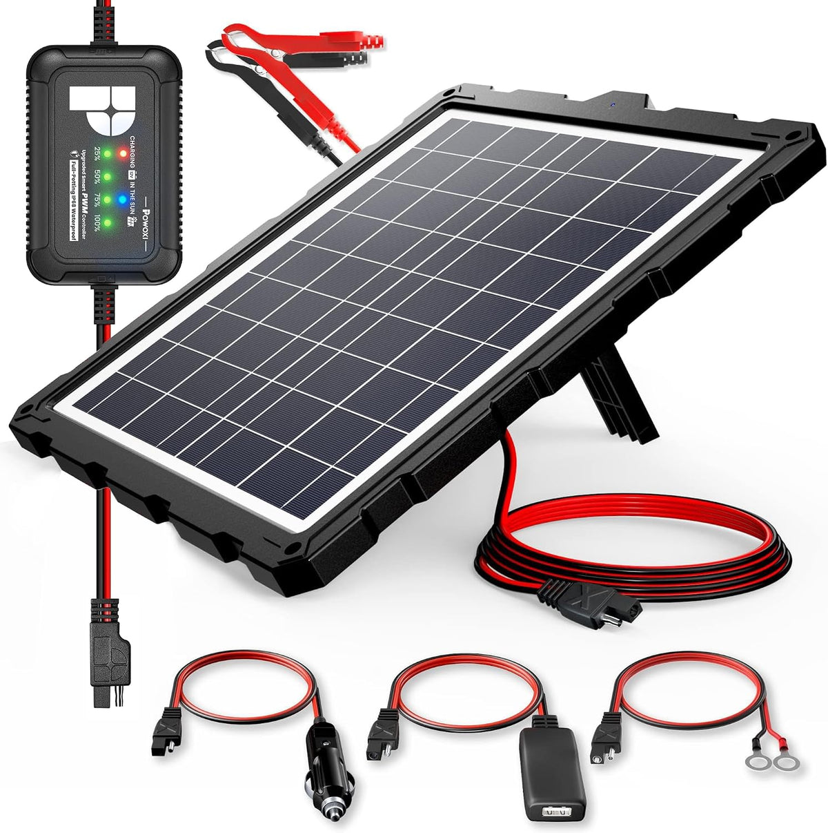 POWOXI Upgraded 7.5W-Solar-Battery-Trickle-Charger-Maintainer-12V Portable Waterproof Solar Panel Trickle Charging Kit for Car, Automotive, Motorcycle, Boat, Marine, RV,Trailer, Snowmobile, etc.