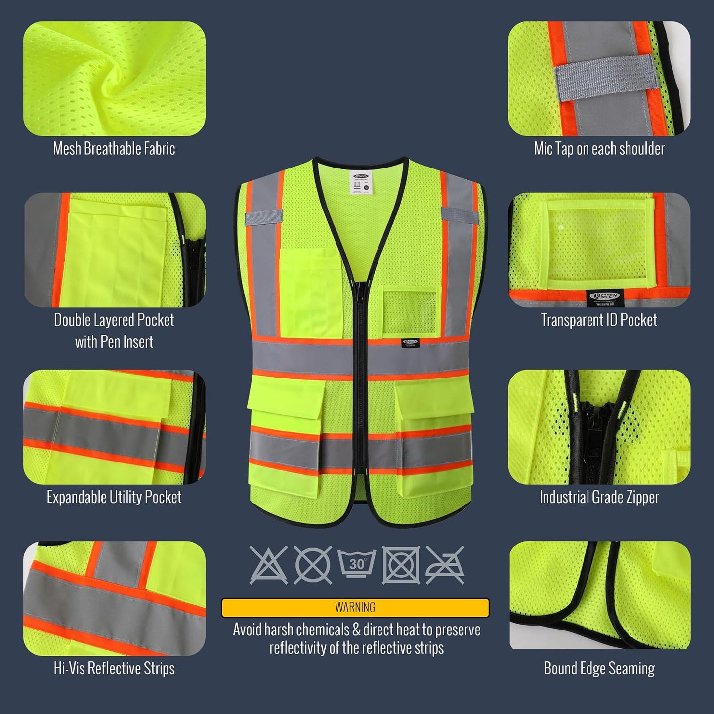 JKSafety Safety Vest for men women Hi Vis Reflective Vest with Pockets and Zipper High Visibility Meet ANSI Standard（BX320