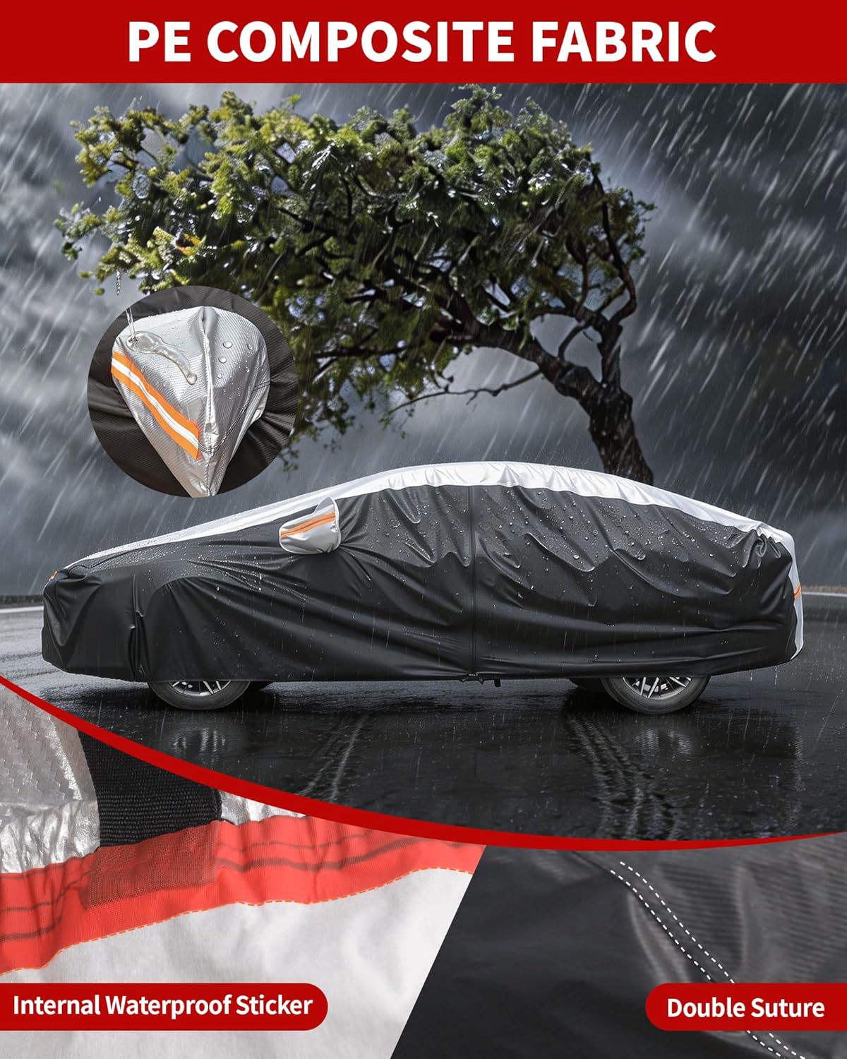 Car Cover Waterproof All Weather,6 Layers Car Covers for Automobiles, Full Exterior Cover with Zipper, Outdoor Car Cover Sun UV Rain Snow Wind Protection, Fit for 185"(185*70*59 inch)Sedan