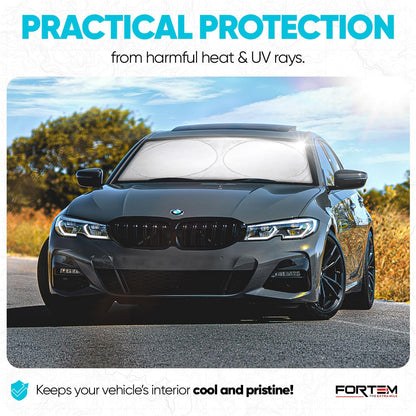 FORTEM Car Sun Shade for Windshield, Reflective Windshield Sunshade, 240T Polyester, Automotive Interior Sun Protection, Ultimate Heat and UV Shield, Foldable, Storage Bag
