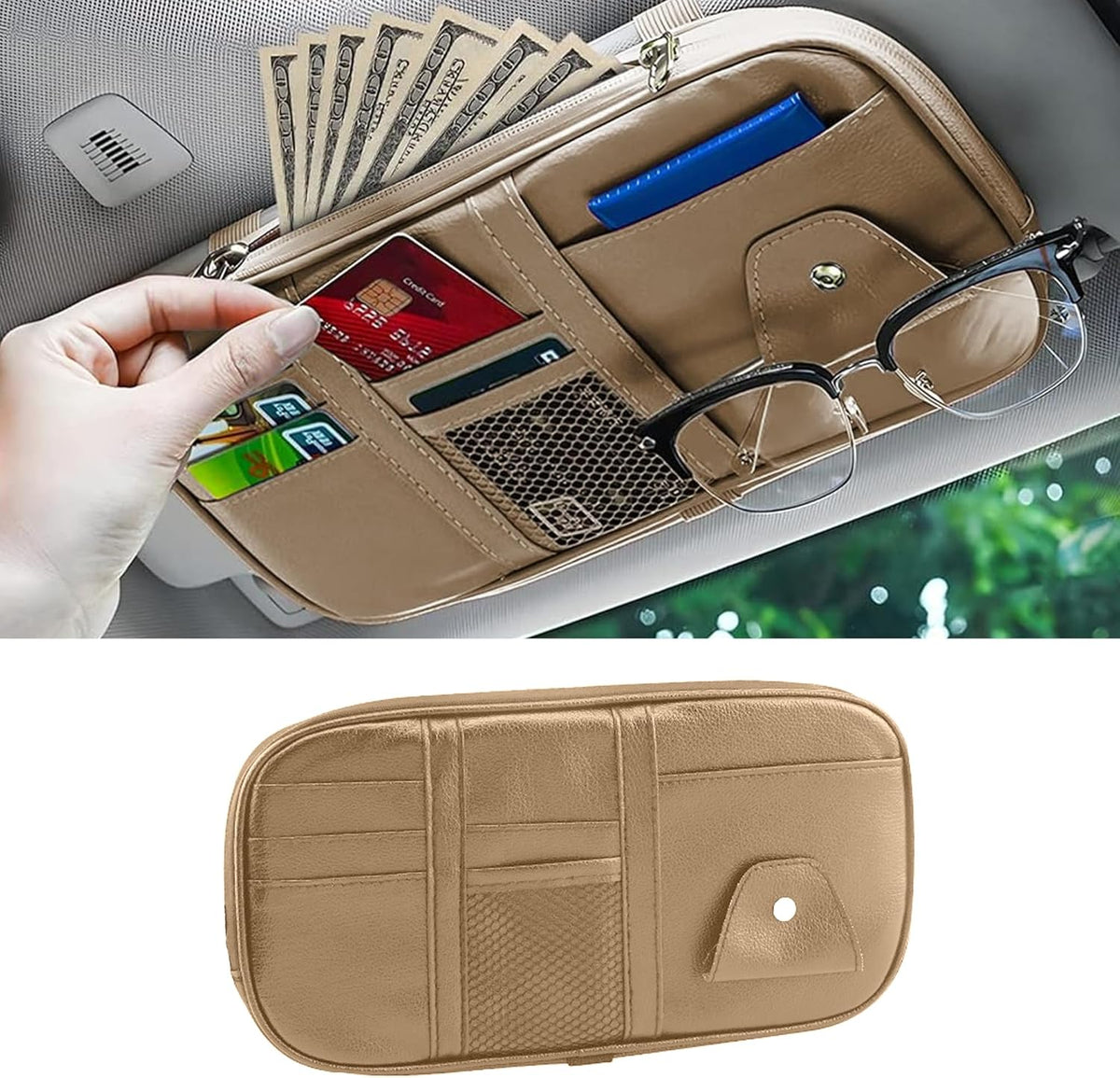 Car Sun Visor Organizer, Sunglass Holder and Storage Pocket, Card Cash Pouch with Multi-Pocket Net Zipper, Case Bag for License Pen Key, Auto Accessories for Truck, SUV, Van (Purple)