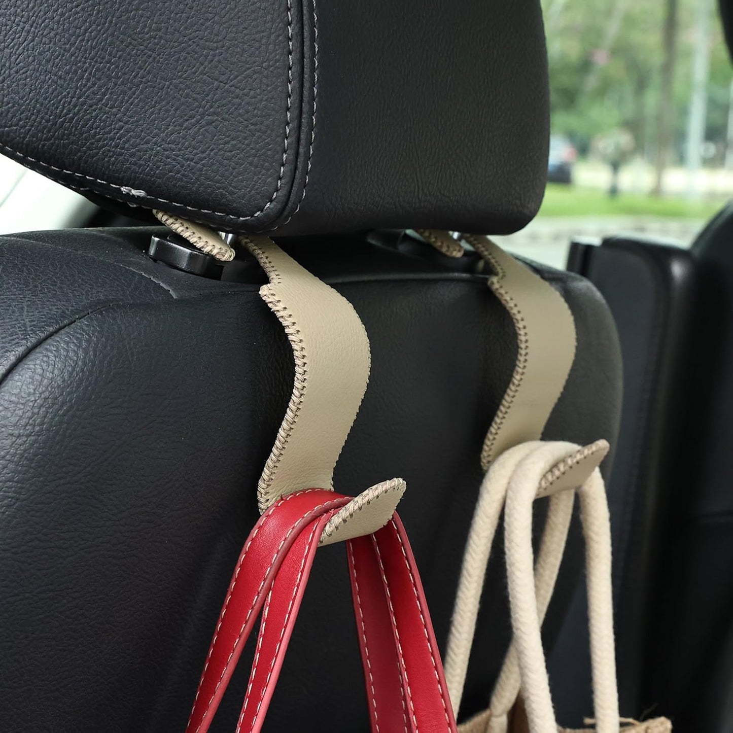 Amooca 4-Pack Car Headrest Hooks Vehicle Storage Organizer for Purses Handbags Groceries Backpack Coats –Holds 55lbs 360° Rotating Black