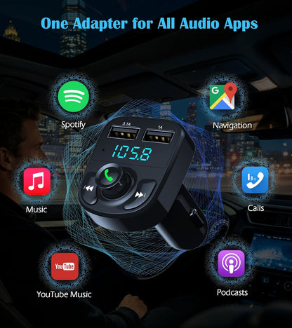 LIHAN Handsfree Calling Car Charger,Wireless Bluetooth 5.3 FM Transmitter Radio Receiver,MP3 Audio Music Adapter,Dual USB Ports,Compatible for iPhone Samsung Smartphones,Spotify & GPS Navigation
