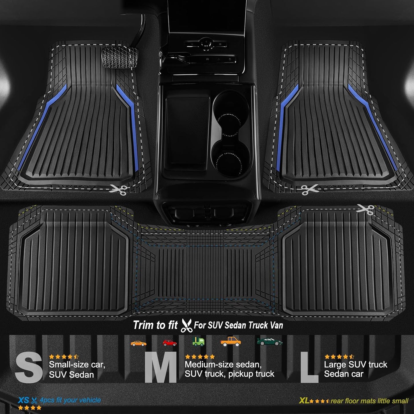 CAR PASS Heavy Duty Rubber Floor Mats for Car, Waterproof Liner Deep Dish Car Mats Full Sets, Universal Trim to Fit for SUV Truck Sedans Vans, All Weather Automotive Floor Mats 3pcs, Solid Black