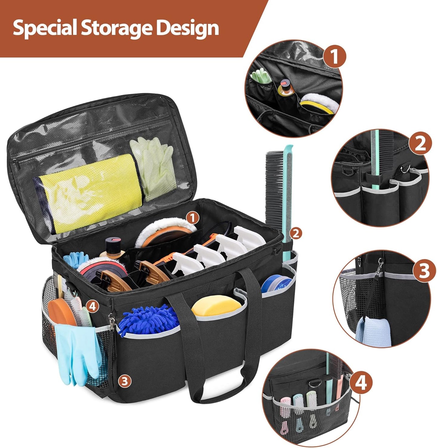 HODRANT Extra-Large Detailing Bag with Waterproof EVA Hard Bottom, Auto Detail Supplies Organizer for Polisher, Bottles & Detailing Kit, Car Care Tools Tote with Lid & Shoulder Strap, Patent Design