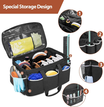 HODRANT Extra-Large Detailing Bag with Waterproof EVA Hard Bottom, Auto Detail Supplies Organizer for Polisher, Bottles & Detailing Kit, Car Care Tools Tote with Lid & Shoulder Strap, Patent Design