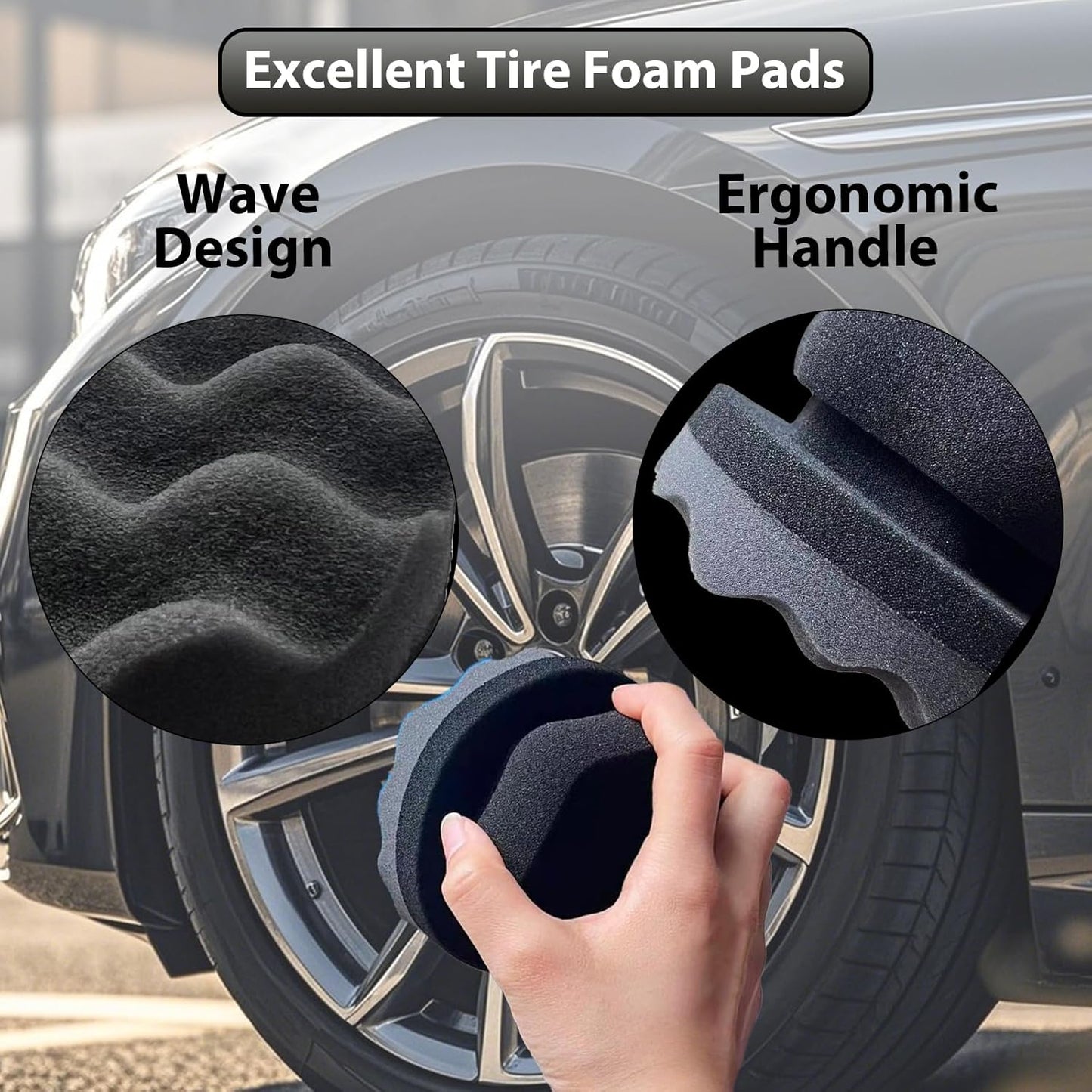 Tire Shine Applicator Pads, 2 Pcs Tire Dressing Applicator, Reusable Tire Shine Sponge Wave Contoured for Car Detailing, 3.15inch