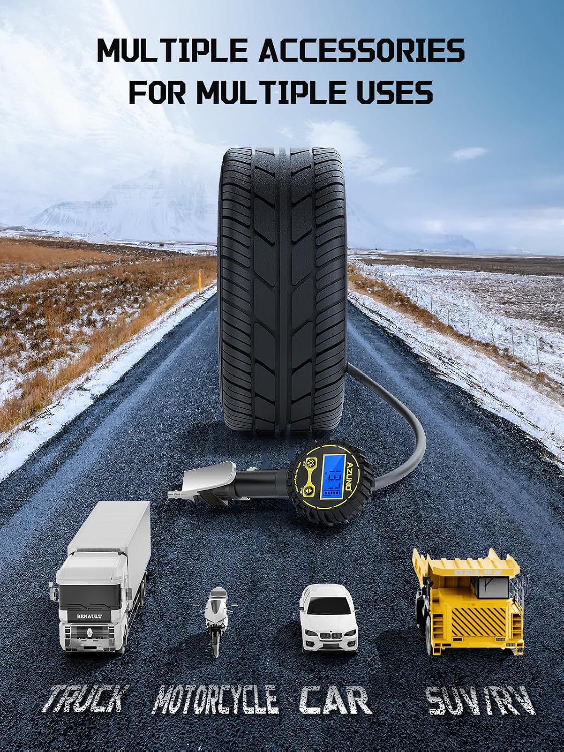 AZUNO Digital Tire Inflator with Pressure Gauge, 200 PSI, Heavy Duty Air Compressor Accessories, with Rubber Hose Lock on Air Chuck and Quick Connect Coupler, Comes with a Portable Carrying Box