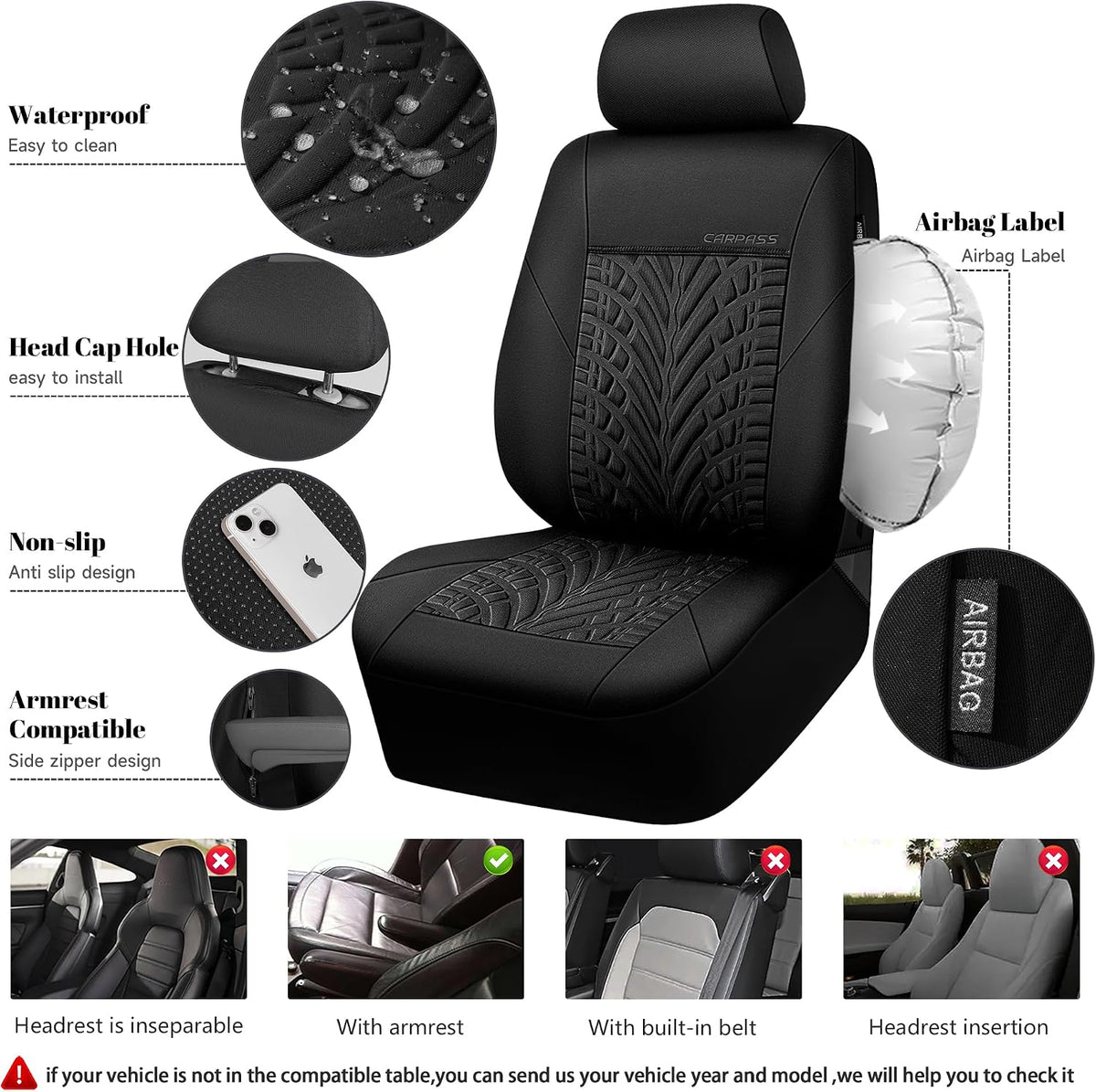CAR PASS Car Seat Covers Full Sets, Front & Split Rear Bench for Car, 3D Tyre Embossed Automotive Interior Covers, Airbag Compatible, Quick Setup Universal Fit Seat Covers for Car, SUV(Charcoal)