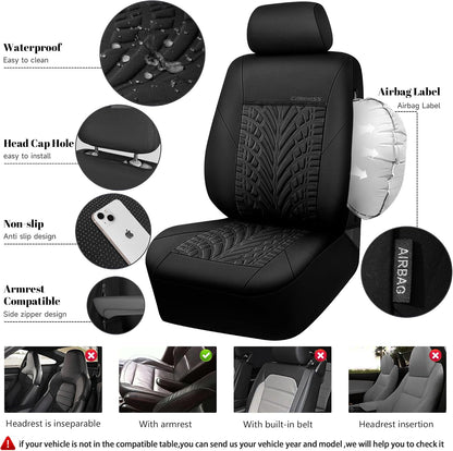 CAR PASS Car Seat Covers Full Sets, Front & Split Rear Bench for Car, 3D Tyre Embossed Automotive Interior Covers, Airbag Compatible, Quick Setup Universal Fit Seat Covers for Car, SUV(Charcoal)