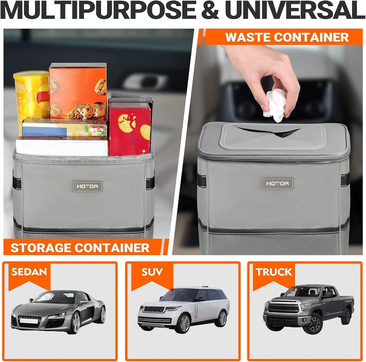 HOTOR Car Trash Can with Lid and Storage Pockets - 100% Leak-Proof Organizer, Waterproof Garbage Can, Multipurpose Trash Bin for Car, 2 Gallons, Black