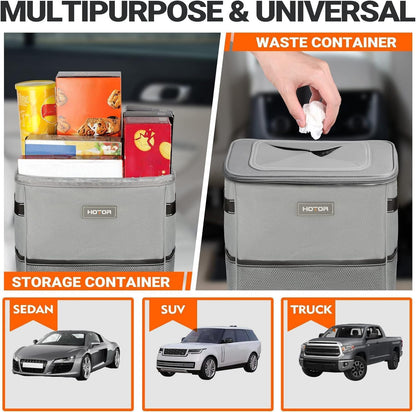 HOTOR Car Trash Can with Lid and Storage Pockets - 100% Leak-Proof Organizer, Waterproof Garbage Can, Multipurpose Trash Bin for Car, 2 Gallons, Black