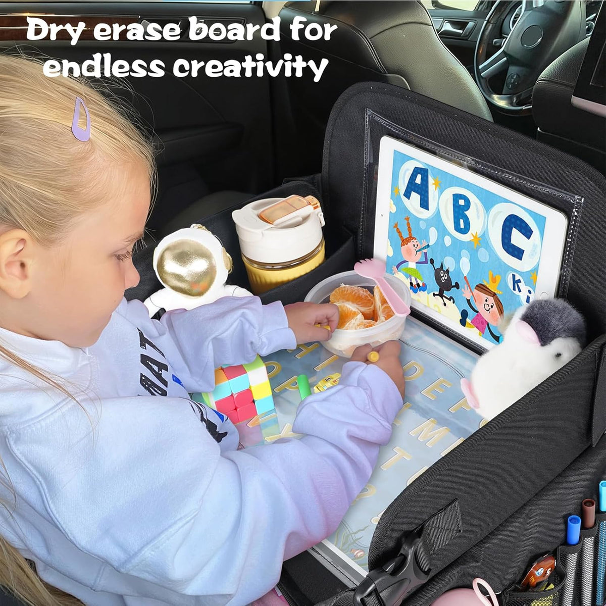 MENZOKE Kids Travel Tray for Toddler Car Seat, Road Trip Activities for Kids with iPad Holder Stand & Dry Erase Board, Road Trip Essentials Accessories Lap Tray as Travel Gifts for Kid, Pink