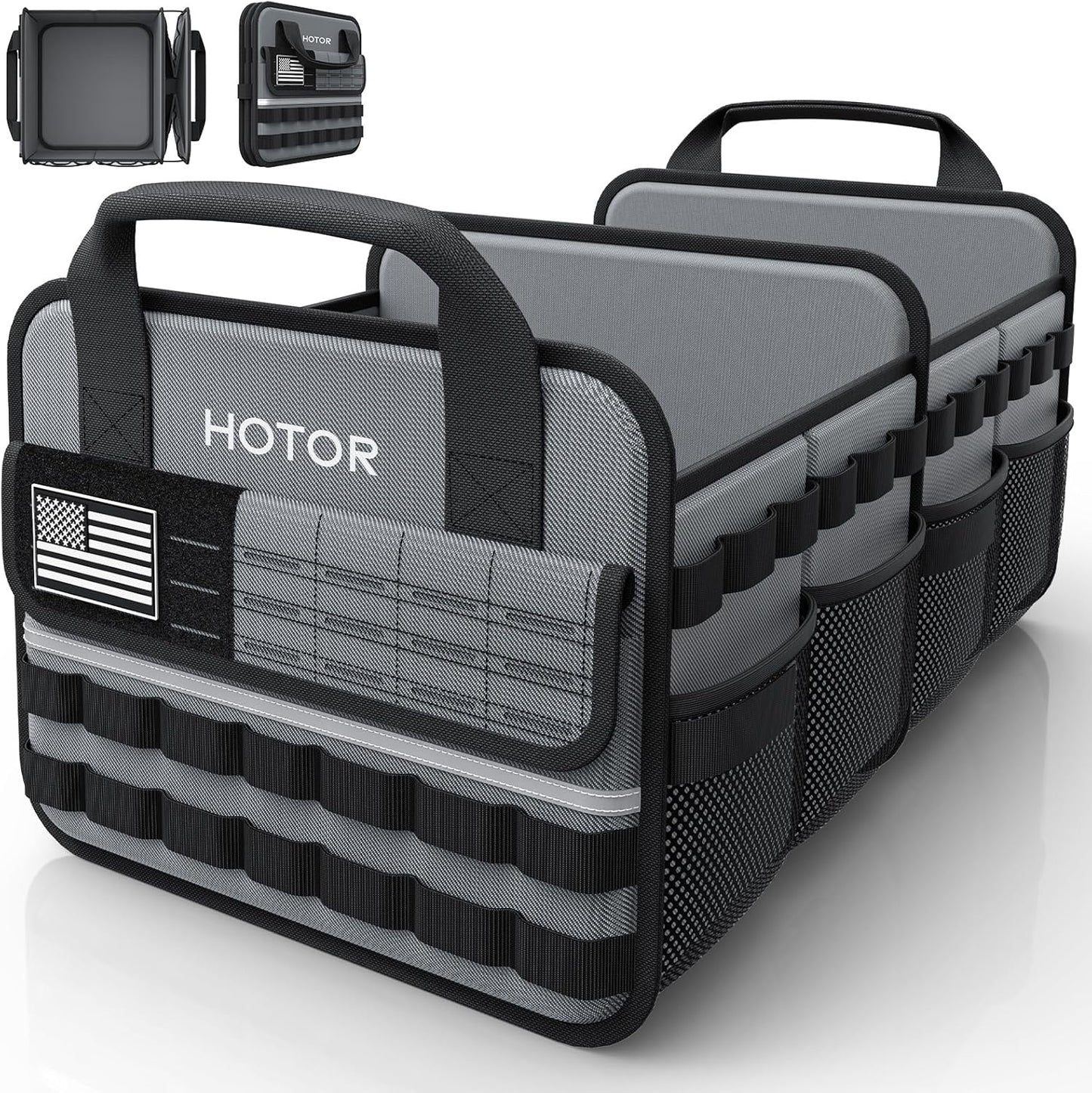 HOTOR Tactical Car Trunk Organizer - Foldable Trunk Organizer for SUV with Front MOLLE Pocket & Reflective Strips, Essential Car Accessories for Tools & Outdoor Storage, 12.8" x 21.7" x 11.0", Black