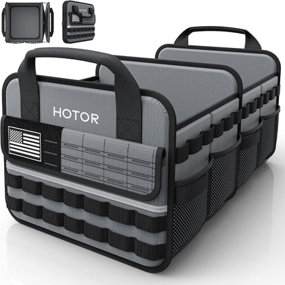 HOTOR Tactical Car Trunk Organizer - Foldable Trunk Organizer for SUV with Front MOLLE Pocket & Reflective Strips, Essential Car Accessories for Tools & Outdoor Storage, 12.8" x 21.7" x 11.0", Black
