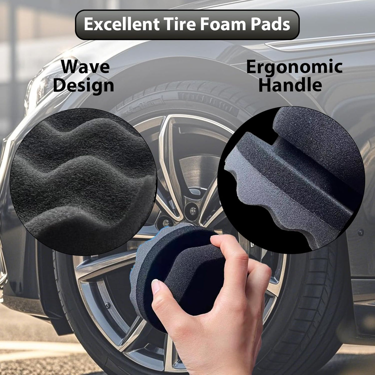 Tire Shine Applicator Pads, 2 Pcs Tire Dressing Applicator, Reusable Tire Shine Sponge Wave Contoured for Car Detailing, 3.15inch