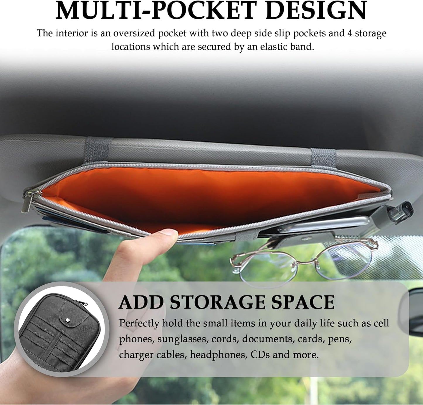 Multi-Purpose Car Visor Organizer with Sun Glass Holder & Card Holder,PU Leather Truck Visor Organizer with Multi-Pocket and Zipper,Universal Car Storage Organizers