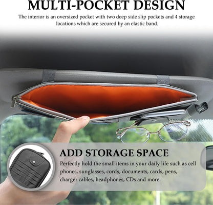 Multi-Purpose Car Visor Organizer with Sun Glass Holder & Card Holder,PU Leather Truck Visor Organizer with Multi-Pocket and Zipper,Universal Car Storage Organizers