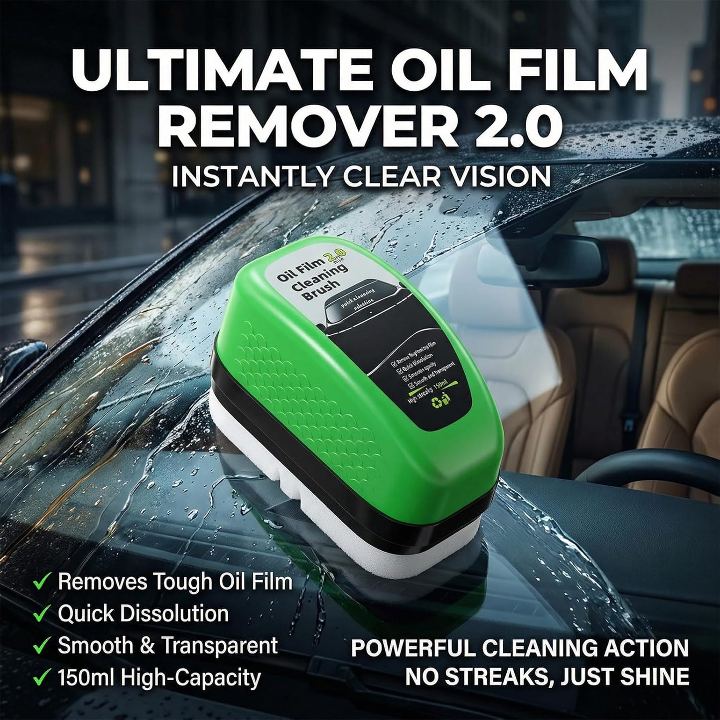 Automotive Oil Film Cleaning Brush for Car Windows, Car Windshield Cleaner Brush for Cleaning Car Windshield, Clear Vision Glass Cleaner with Anti-Rain & Anti-Fog Coating, Green