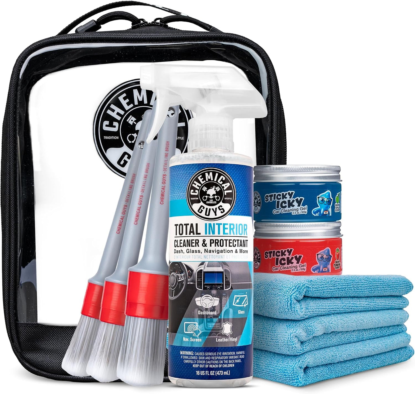 Chemical Guys Interior Cleaning Kit with Storage Bag Total Interior Cleaner Microfiber Towels Detailing Brushes and Sticky Gel Giftable Car Care Set - 10 Items