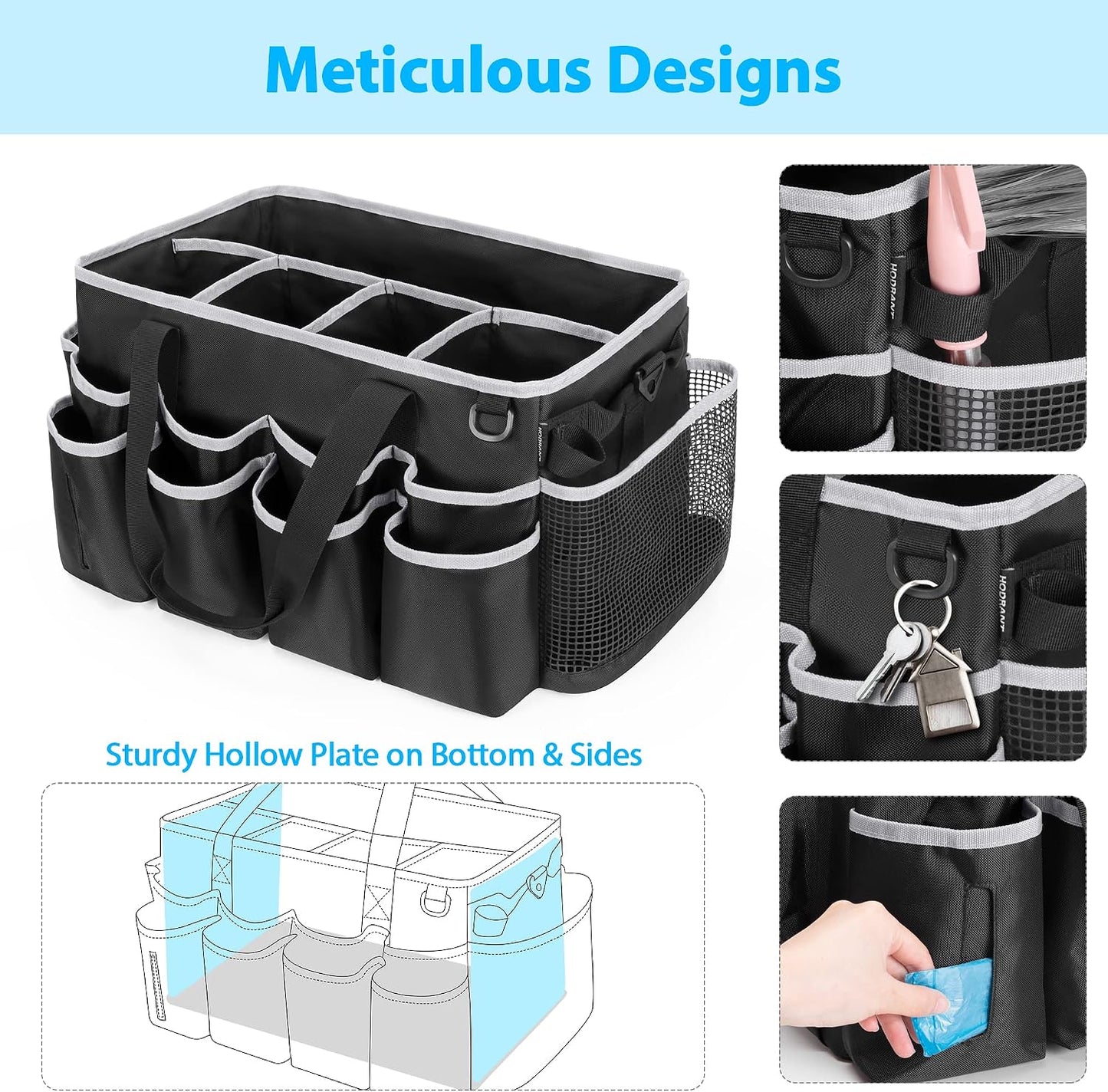 HODRANT Extra-Large Wearable Cleaning Caddy, Organizer Bag for Products, Housekeeper Tote With Pad, Handle & Divider, Car Wash Tools Bag for Detailing Supplies, Gray Edge