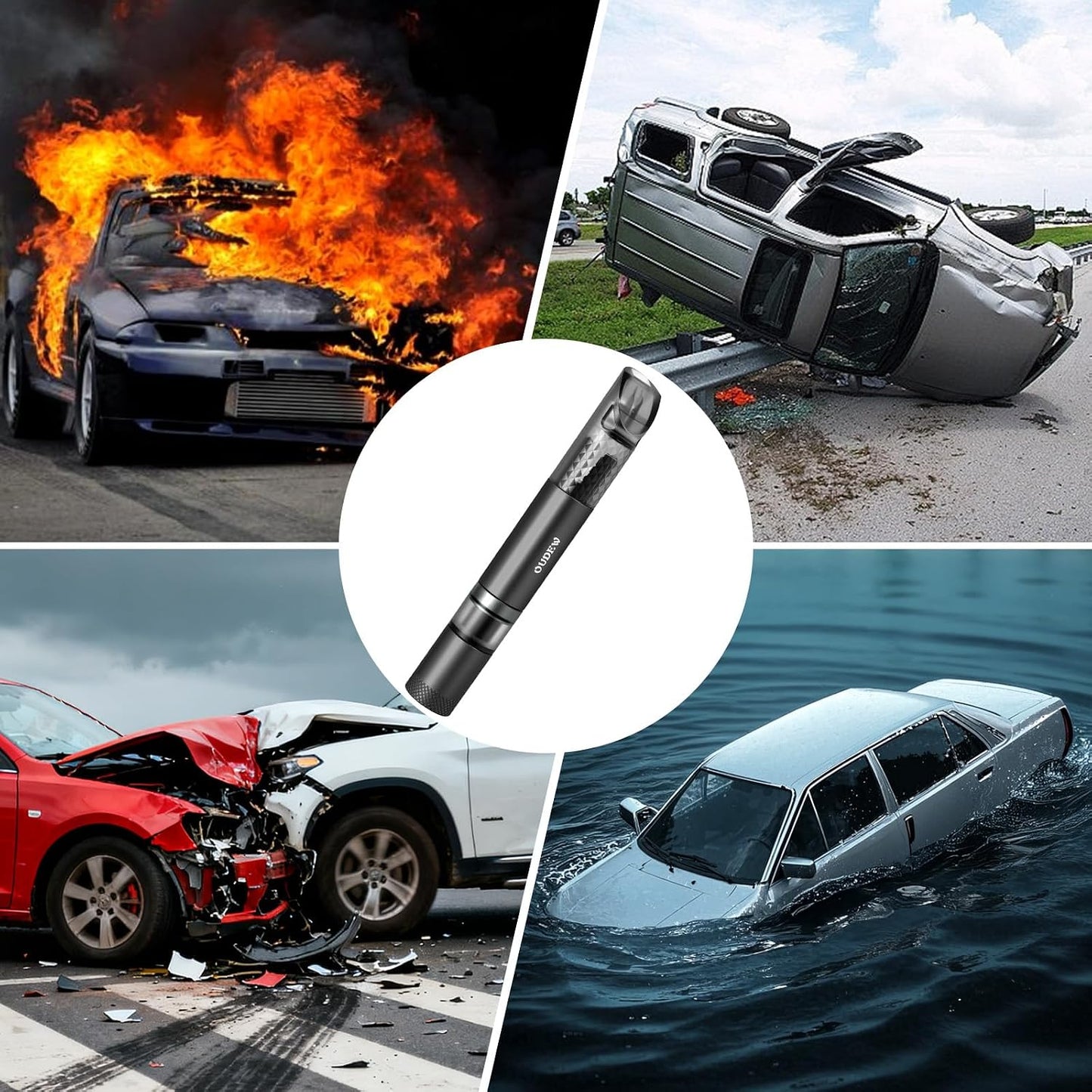 4-in-1 Car Window Breaker Seatbelt Cutter with Survival Whistle & LED Flashlight, Spring-Loaded Glass Breaker for Underwater, Portable Automotive Emergency Escape Tool, Black