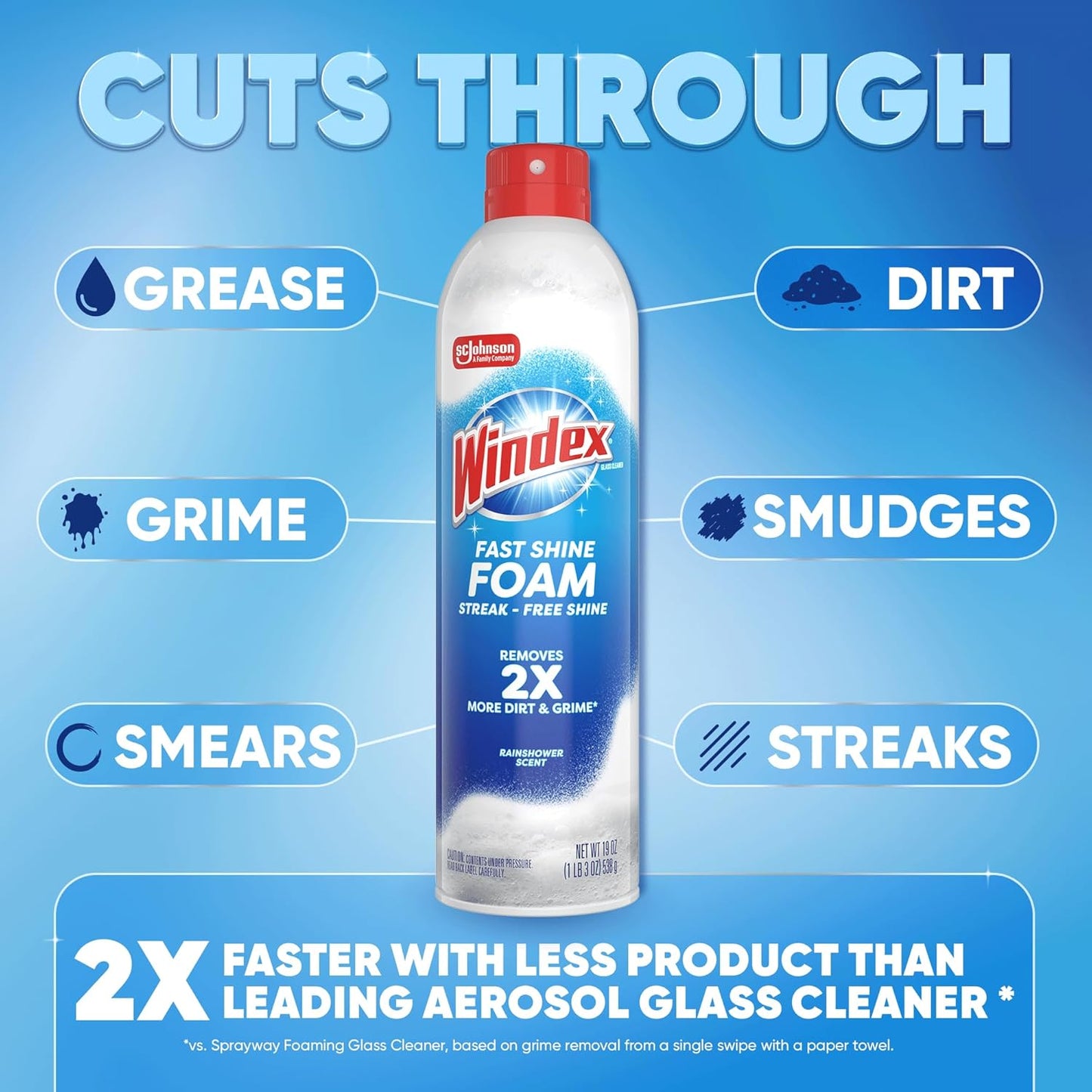 Windex Fast Shine Foam Glass Cleaner, No-Drip Windows, Doors, Mirrors & Countertops Aerosol Cleaning Spray, Streak-Free Shine, Removes Fingerprints, Dust, Dirt, Grime & More 19 oz (Pack of 1)