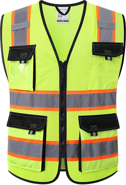 JKSafety Hi Vis Reflective Safety Vests for Men Women High Visibility Vest with Pockets Mesh Fabric Construction Safety Apparel Neon Vest for Work (220-Black L)