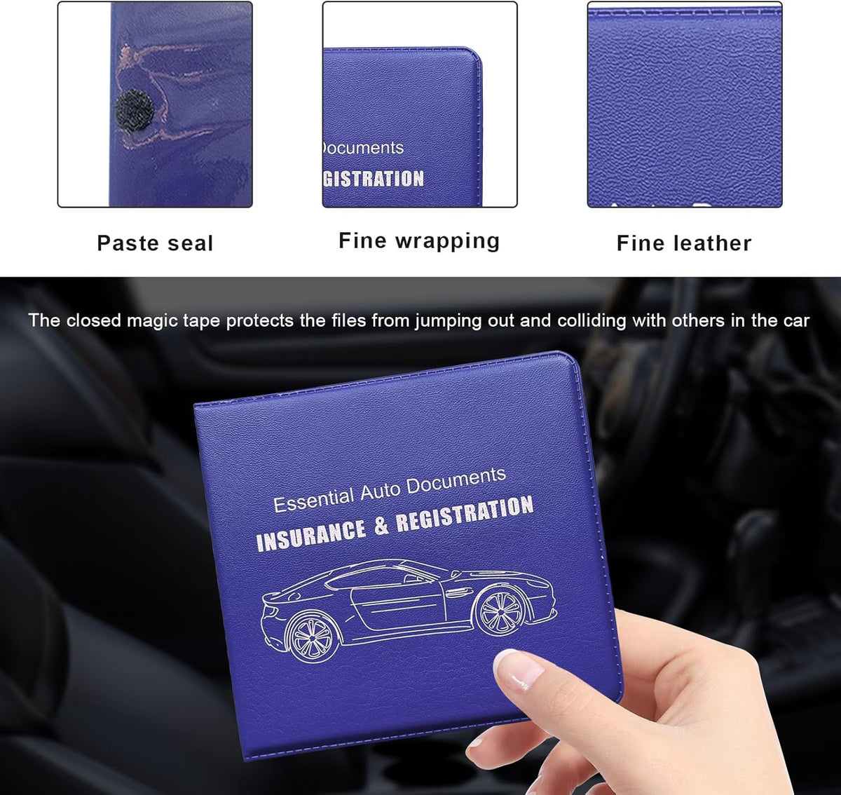 Yourkar 4PCS Car Registration Insurance Holder, Vehicle Glove Box Car Organizer with Magic Tape Closure, Driver License Keeper for Cars, Car Accessories (Big Car, Blue